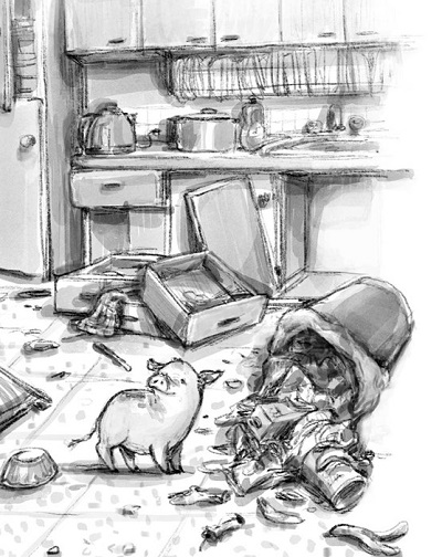 An interior image from Saucy, written by Cynthia Kadohata and illustrated by Marianna Raskin, showing Saucy the pig surrounded by a big mess in the kitchen.
