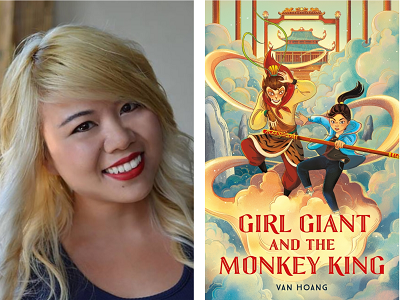 Author Van Hoang and the cover of her novel, Girl Giant and the Monkey King.