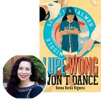 Donna Barba Higuera and the cover of her novel Lupe Wong Won't Dance