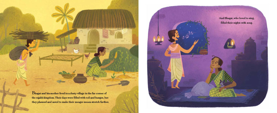 An interior spread from Seven Golden Rings showing the main character, Bhagat, first working hard to carry wood during the day and then singing at home at night.