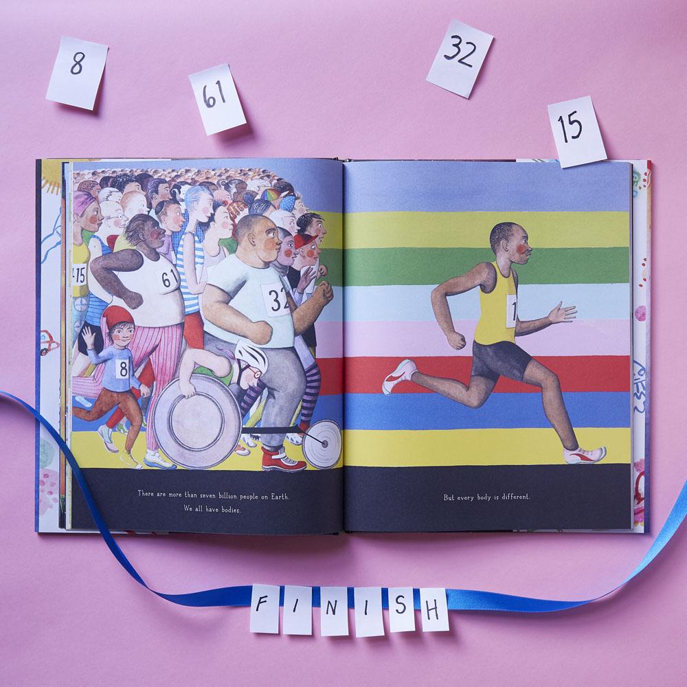 A spread from If You Come to Earth, written and illustrated by Sophie Blackall, showing crowd of diverse runners, all shapes, sizes, colors, and abilities.