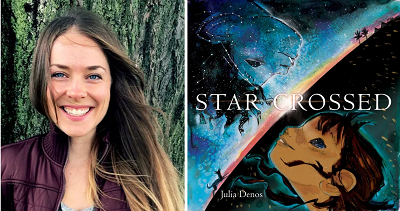 Author and illustrator Julia Denos with the cover of her book Starcrossed.