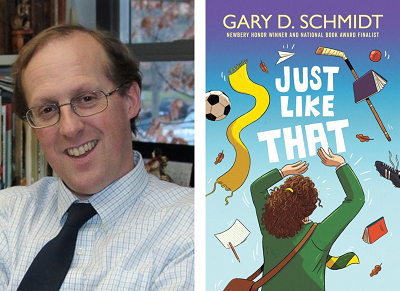 Author Gary Schmidt and the cover of his novel Just Like That.