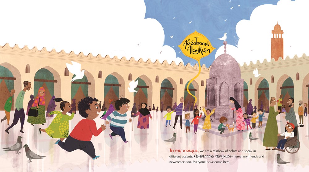 An interior spread from In My Mosque, written by M.O. Yuksel and illustrated by Hatem Aly, showing diverse children and families joyfully gathering outside a mosque.