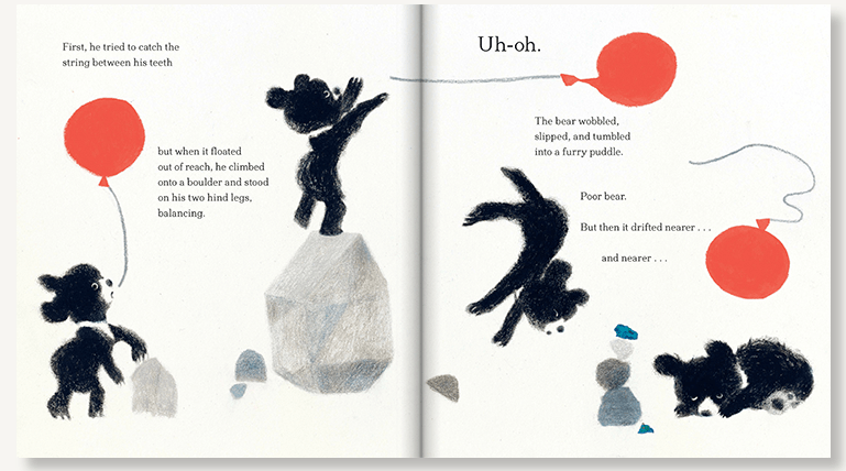 An interior spread from The Bear and the Moon, written by Matthew Burgess and illustrated by Catia Chien, showing a bear cub trying to catch a red balloon.