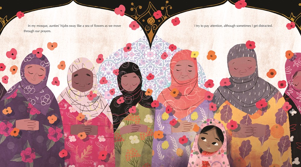 An interior spread from In My Mosque, written by M.O. Yuksel and illustrated by Hatem Aly, showing diverse women and girls praying together inside a mosque.