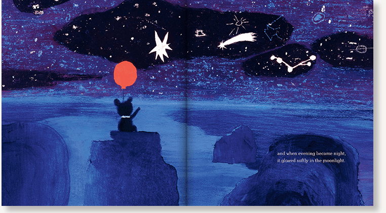 An interior spread from The Bear and the Moon, written by Matthew Burgess and illustrated by Catia Chien, showing a bear cub holding the red balloon under a starry night sky.