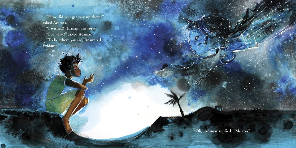 An interior spread from Starcrossed, written and illustrated by Julia Denos, showing a boy sitting in a dark landscape facing a star-filled girl figure in the sky. 