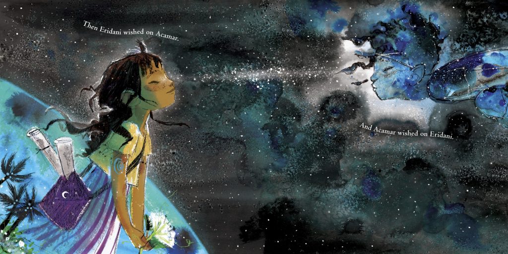 A spread from Starcrossed, written and illustrated by Julia Denos, showing a young girl leaning into a dark, star-filled sky with an image of a star-filled boy in the sky.