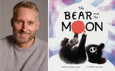 Author Matthew Burgess and the cover of The Bear and the Moon.