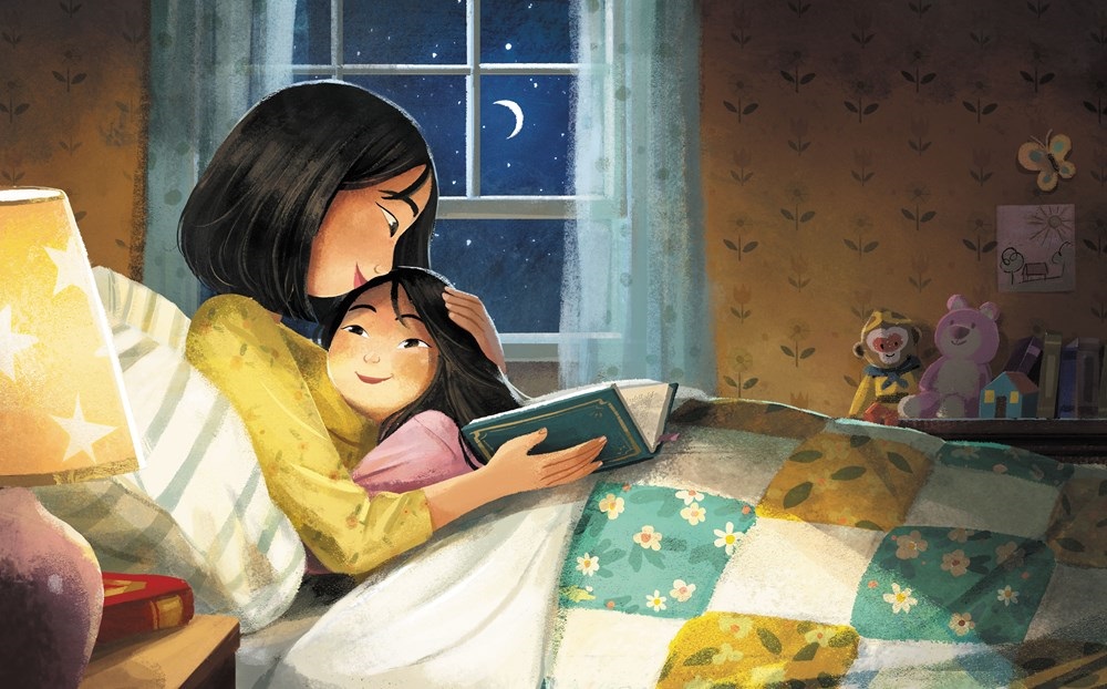 An interior image of Eyes that Kiss in the Corners, written by Joanna Ho and illustrated by Dung Ho, showing a mother and daughter snuggling with a bedtime book.