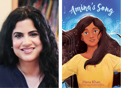 Author Hena Khan and the cover of her novel Amina's Song.