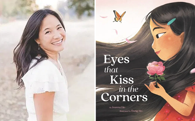 Author Joanna Ho and the cover of Eyes That Kiss in the Corners