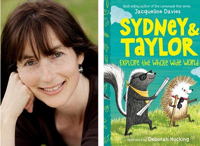 Author Jacqueline Davies and the cover of her book Sydney and Taylor Explore the Whole Wide World.