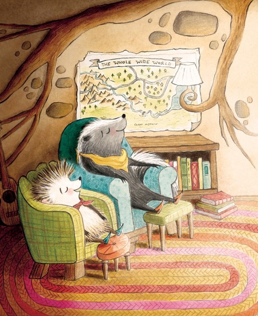 An interior image from Sydney and Taylor Explore the Whole Wide World, written by Jacqueline Davies and illustrated by Deborah Hocking, showing a skunk and a hedgehog relaxing in a cozy living room burrow.