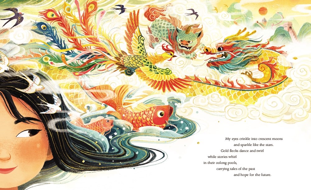 An interior image of Eyes that Kiss in the Corners, written by Joanna Ho and illustrated by Dung Ho, showing a smiling girl with a swirl of motifs drawn from Asian art (goldfish, soaring dragons, misty mountains) swirling above her head.