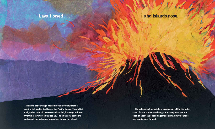 An interior spread from Butterfly for a King, cowritten by Susan L. Roth and Cindy Trombore and illustrated by Susan L. Roth. The image shows an exploding volcano made of paper collage.