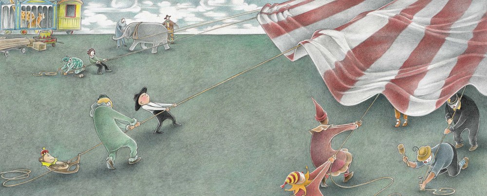 An interior image from The Farmer and the Circus, by Marla Frazee, showing a small child and a monkey helping circus workers to put up a striped tent.