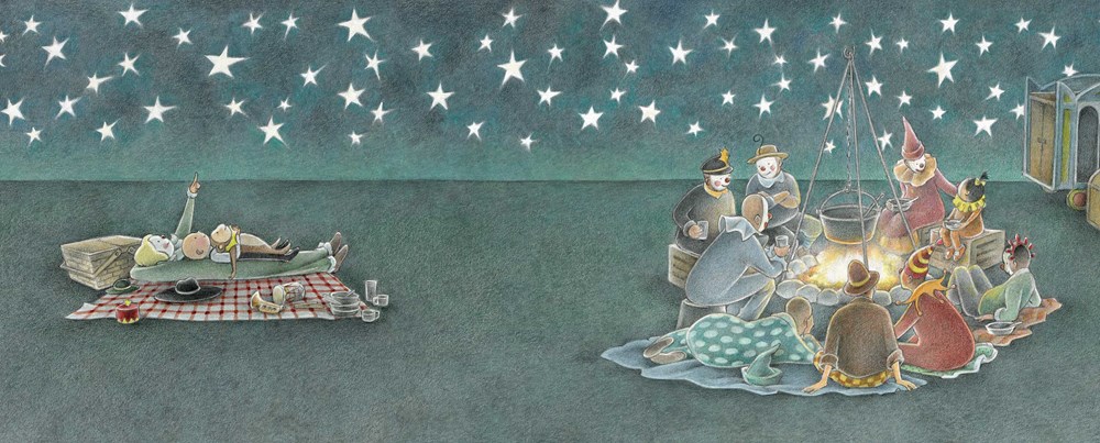 An interior image from The Farmer and the Circus, by Marla Frazee, showing the child and a monkey gazing at stars with circus workers, who are cooking over an outdoor fire.