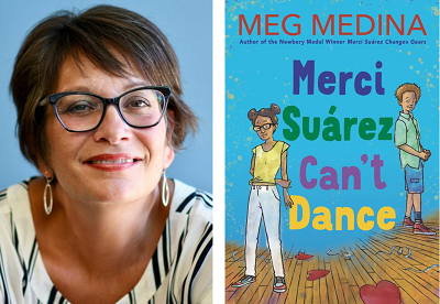 Meg Medina and the cover of Merci Suarez Can't Dance.