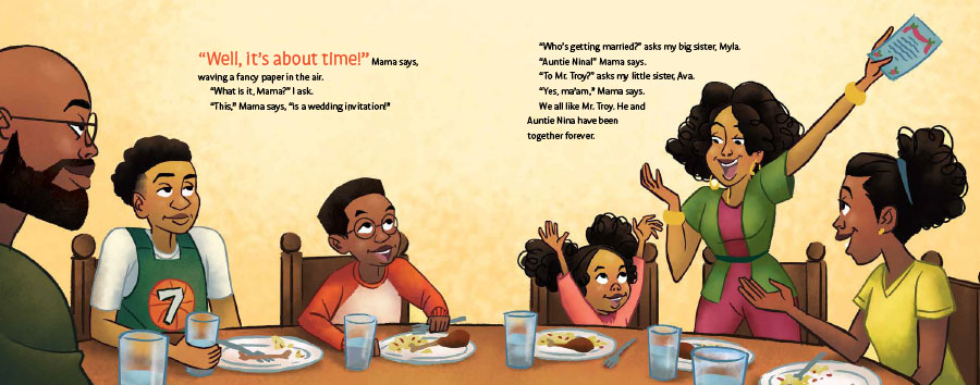 An interior image from The Electric Slide and Kai, written by Kelly J. Baptist and illustrated by Darnell Johnson, showing a Black family sitting around the table celebrating good news.