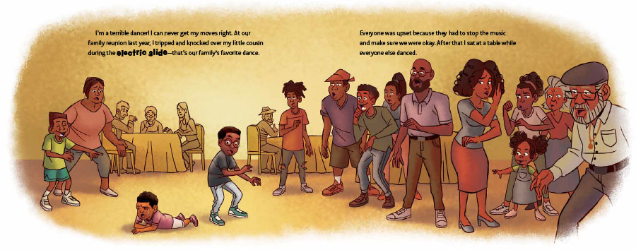 An interior image from The Electric Slide and Kai, written by Kelly J. Baptist and illustrated by Darnell Johnson, showing young Kai struggling to learn how to do The Electric Slide.