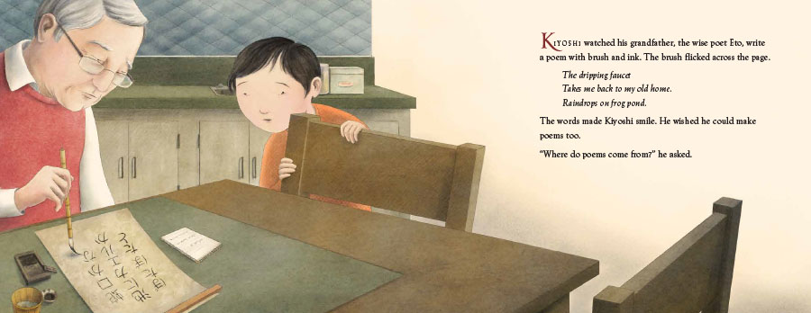 An interior image from Kiyoshi's Walk, written by Mark Karlins and illustrated by Nicole Wong, showing young Kiyoshi watching his grandfather, Eto, write a poem with brush and ink.