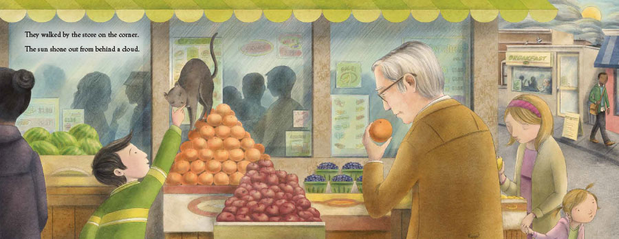 An interior image from Kiyoshi's Walk, written by Mark Karlins and illustrated by Nicole Wong, showing young Kiyoshi and his grandfather, Eto, stopping to enjoy a city fruit market.