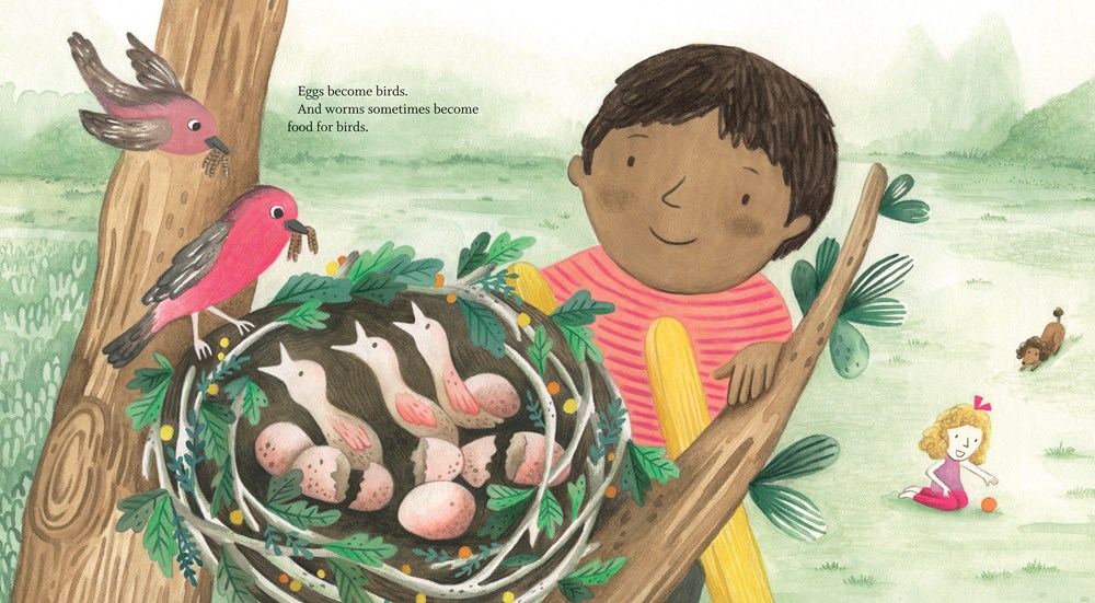 An interior image from Percy's Museum, written by Sara O'Leary and illustrated by Carmen Mok, showing a young boy with brown skin and hair admiring a birds' nest full of eggs in a tree.