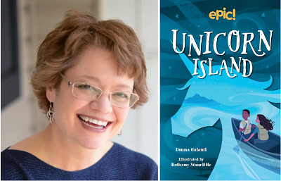 Author Donna Galanti and the cover of Unicorn Island.