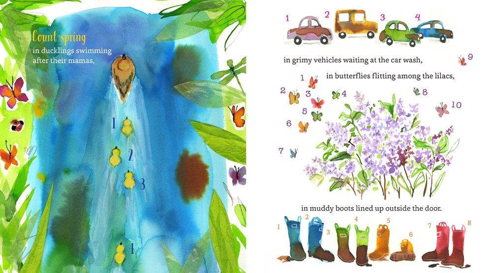 An interior spread from Happy Springtime!, written by Kate McMullan and illustrated by Sujean Rim, showing ducks and ducklings in the water and then springtime sights: muddy cars, spring flowers, and muddy boots.