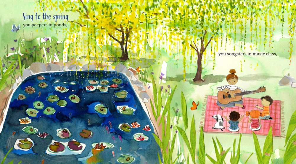 An interior spread from Happy Springtime!, written by Kate McMullan and illustrated by Sujean Rim, showing a pond filled with ducks and lilypads and, next to it, a woman playing guitar on a blanket, surrounded by three children and a dog.