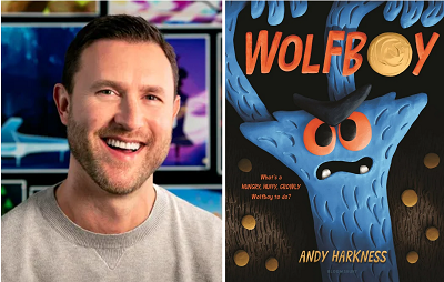 Author and illustrator Andy Harkness and the cover of Wolfboy.