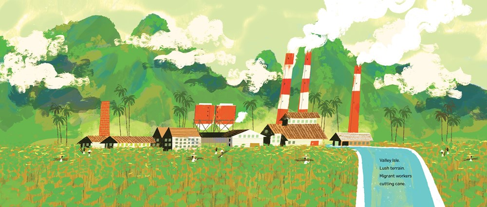 An interior image from Sakamoto's Swim Club, written by Julie Abery and illustrated by Chris Sasaki, featuring a sugar plant in Maui, viewed from a distance at the base of mountains.