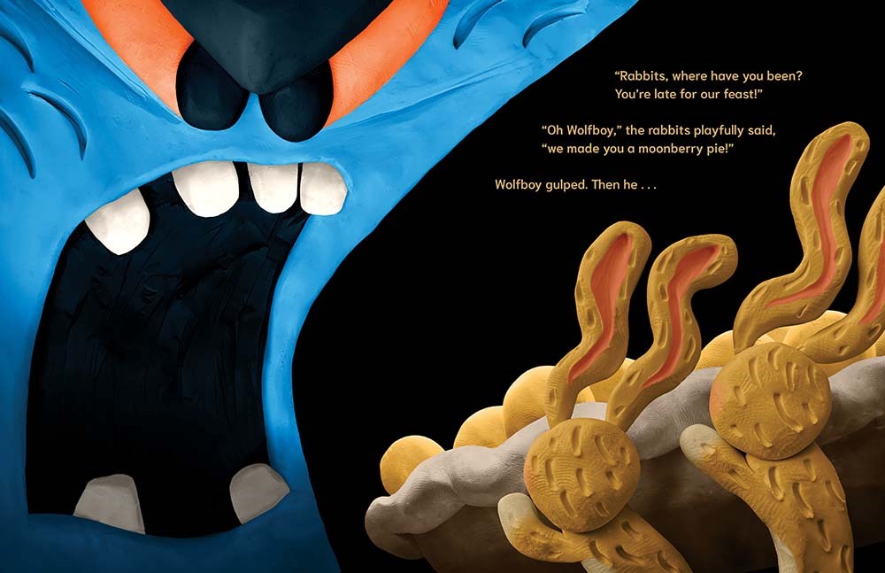 An interior image from Wolfboy, written and illustrated by Andy Harkness, showing Wolfboy growling ferociously while rabbits offer him a piece of moonberry pie.