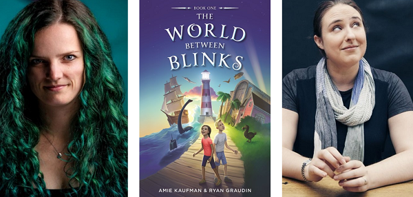 The cover of The World Between Blinks with the two authors: Ryan Graudin and Amie Kaufman.