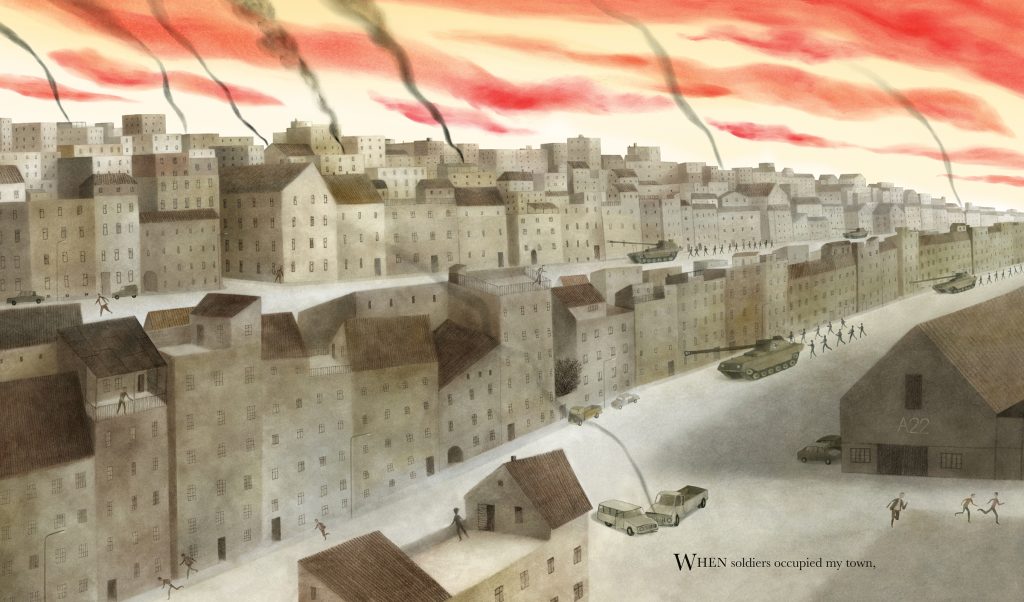 An interior image from What the Kite Saw, written by Anne Laurel Carter and illustrated by Akin Duzakin, showing a gray, smoking city under a flaming sky, with tanks and soldiers on the streets.