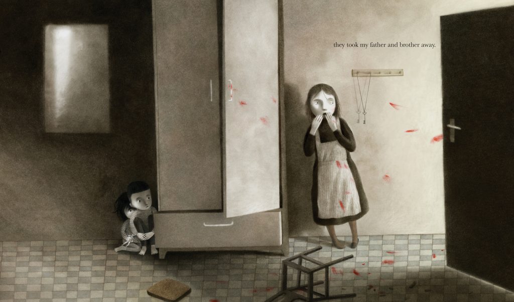 An interior image from What the Kite Saw, written by Anne Laurel Carter and illustrated by Akin Duzakin, showing frightened children inside a dark apartment.