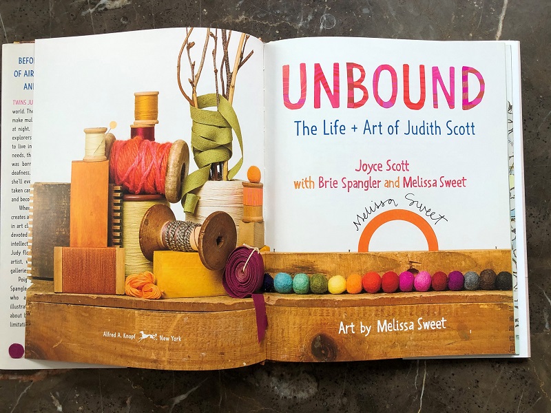 The title page of Unbound signed by co-author and illustrator Melissa Sweet.