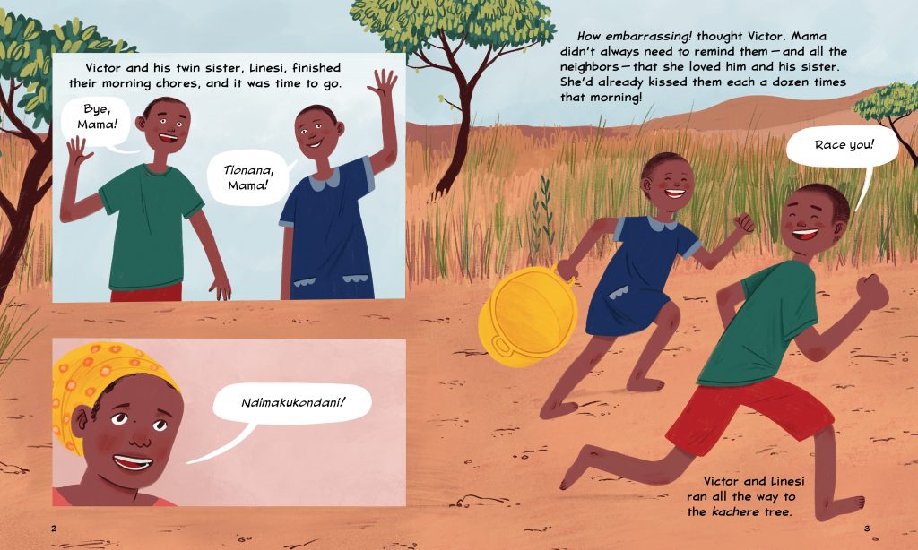 An interior image of Walking For Water, written by Susan Hughes and illustrated by Nicole Miles, showing several scenes of Victor and his sister Lenesi running down a path in their village in Malawi.