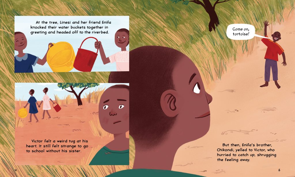 An interior image of Walking For Water, written by Susan Hughes and illustrated by Nicole Miles, showing Victor parting with his sister, who has to fetch water while he attends school.