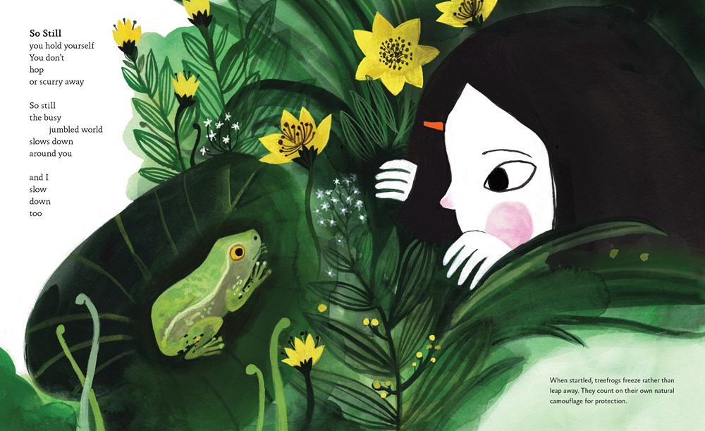 An interior image from Dear Treefrog, by Joyce Sidman and illustrated by Diana Sudyka, showing a girl and a treefrog eyeing each other in a lush garden.