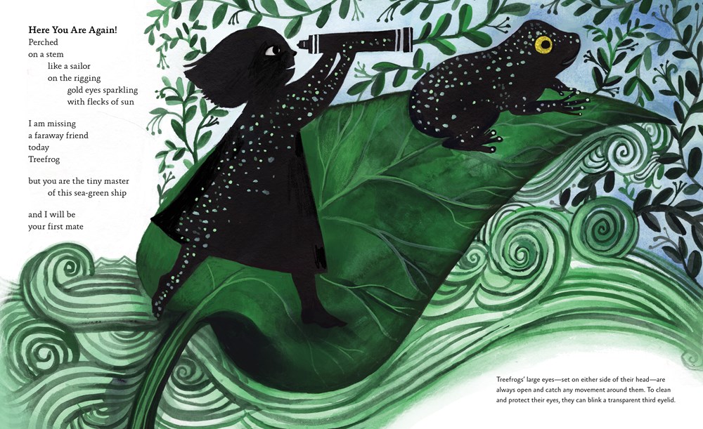 An interior image from Dear Treefrog, by Joyce Sidman and illustrated by Diana Sudyka, showing a girl with a telescope and a treefrog in patterned sillhouette next to the words, "You are the tiny master of this sea-green ship / and I will be / your first mate."