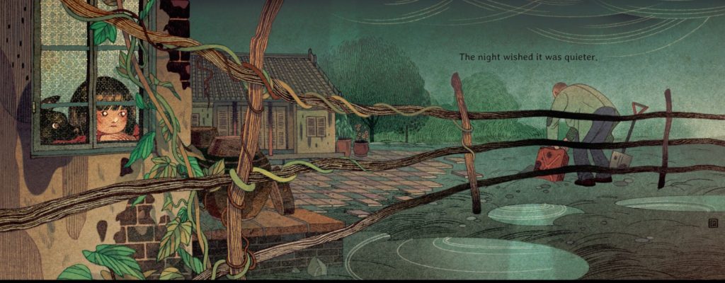 An interior image from Wishes, by Mượn Thị Văn and illustrated by Victo Ngai, showing a girl looking out at the window into her Vietnamese village on a rainy night while a man burries objects.