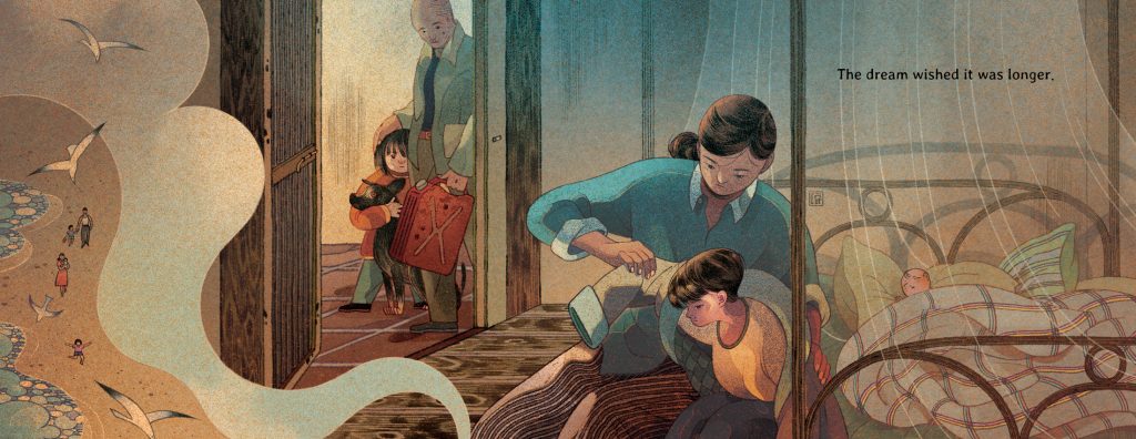 An interior image from Wishes, by Mượn Thị Văn and illustrated by Victo Ngai, showing a girl and her family inside preparing for a long journey.