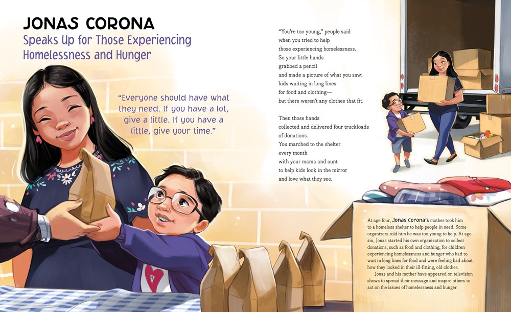 An interior image from Right Now, written by Miranda Paul and illustrated by Bea Jackson, showing young activist Jonas Corona, who "speaks up for those experiencing homelessness and hunger."