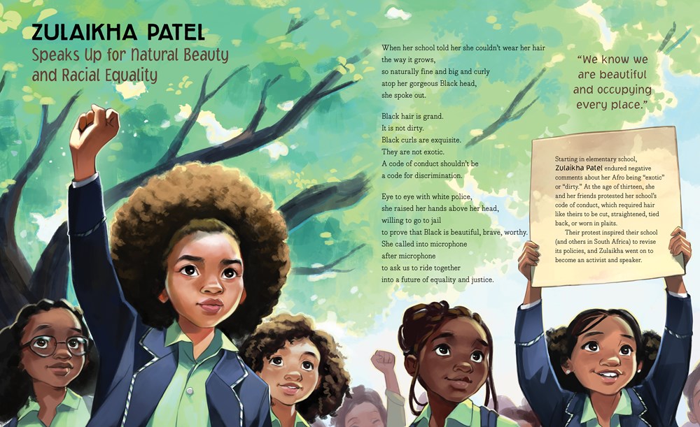 An interior image from Right Now, written by Miranda Paul and illustrated by Bea Jackson, showing young activist Zulaikaha Patel, who "speaks up for natural beauty and racial equality."