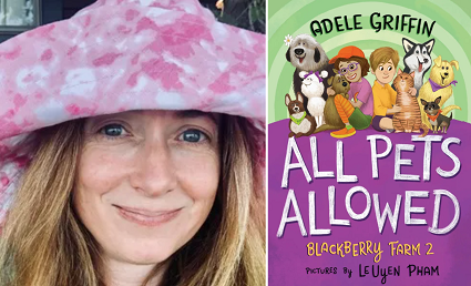 Adele Griffin and the cover of All Pets Allowed.