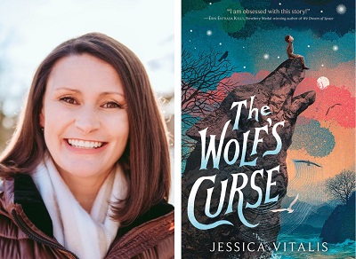 Author Jessica Vitalis and the cover of The Wolf's Curse