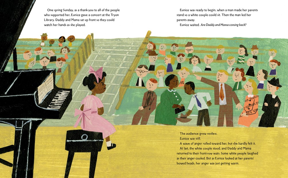 An interior image from Nina: A Story of Nina Simone, written by Traci Todd and illustrated  by Christian Robinson, showing young Nina at the piano during a recital and her family, in the front row, being told to move to the back by a white family.